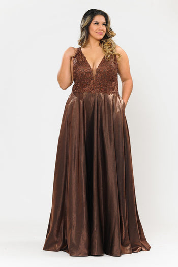 Poly USA W1032 Plus Size Long Embroidered Bodice Satin Dress
