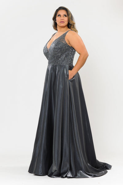 Poly USA W1032 Plus Size Long Embroidered Bodice Satin Dress