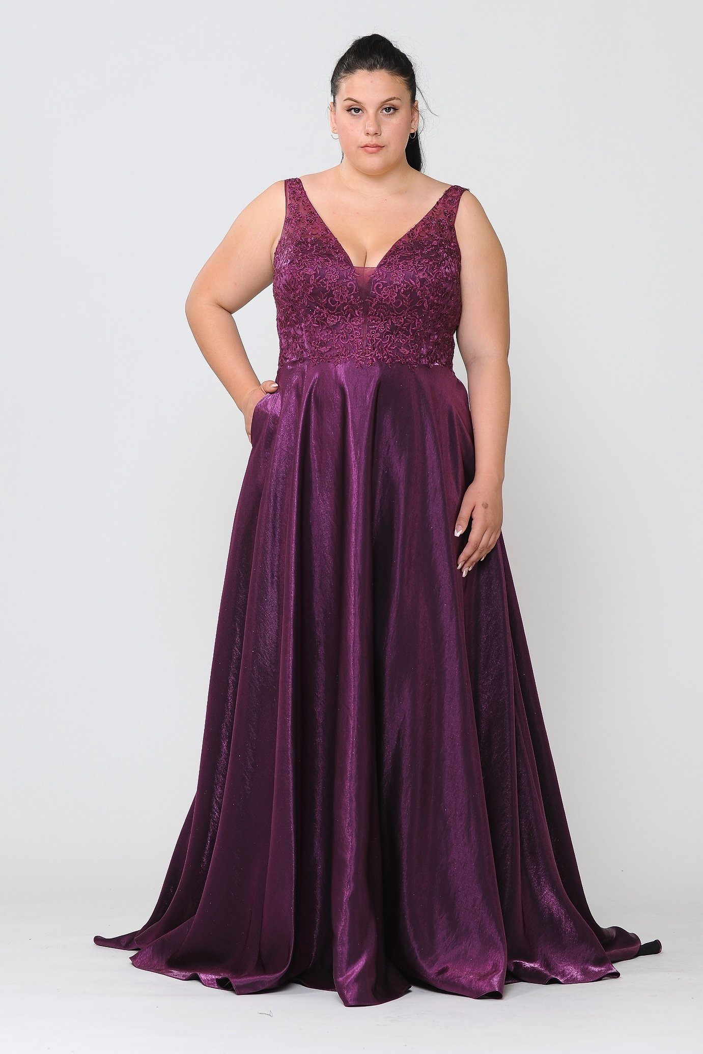 Poly USA W1032 Plus Size Long Embroidered Bodice Satin Dress