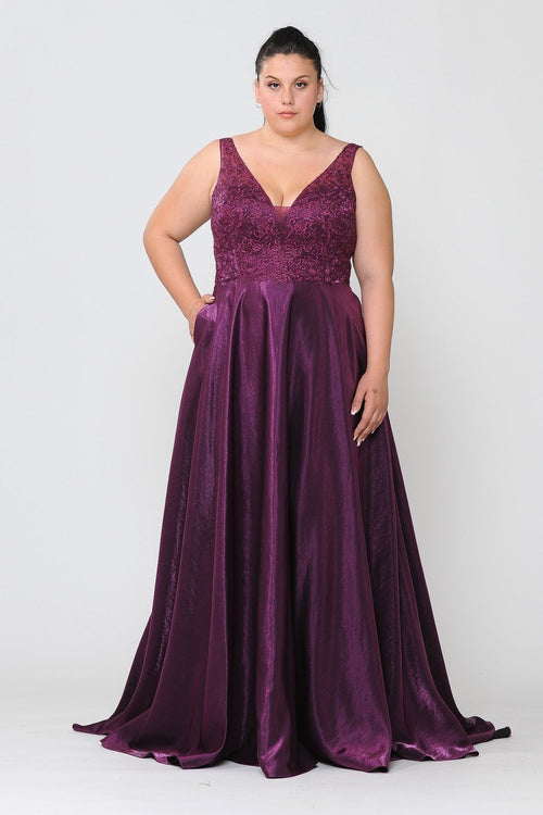 Poly USA W1032 Plus Size Long Embroidered Bodice Satin Dress