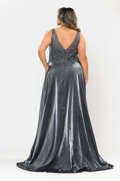 Poly USA W1032 Plus Size Long Embroidered Bodice Satin Dress