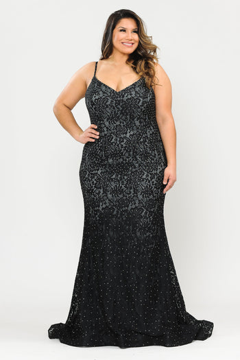 Poly USA W1090 Plus Size Long Floral Lace V-Neck Dress