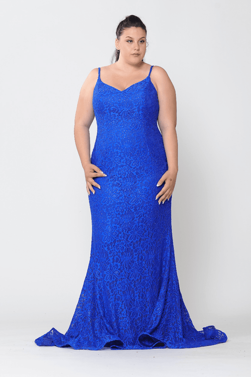 Poly USA W1090 Plus Size Long Floral Lace V-Neck Dress