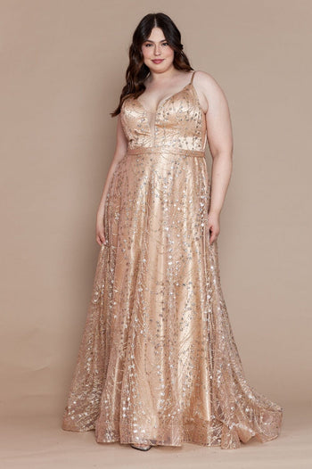 Poly USA W1004 Plus Size Long Glitter Mesh Dress