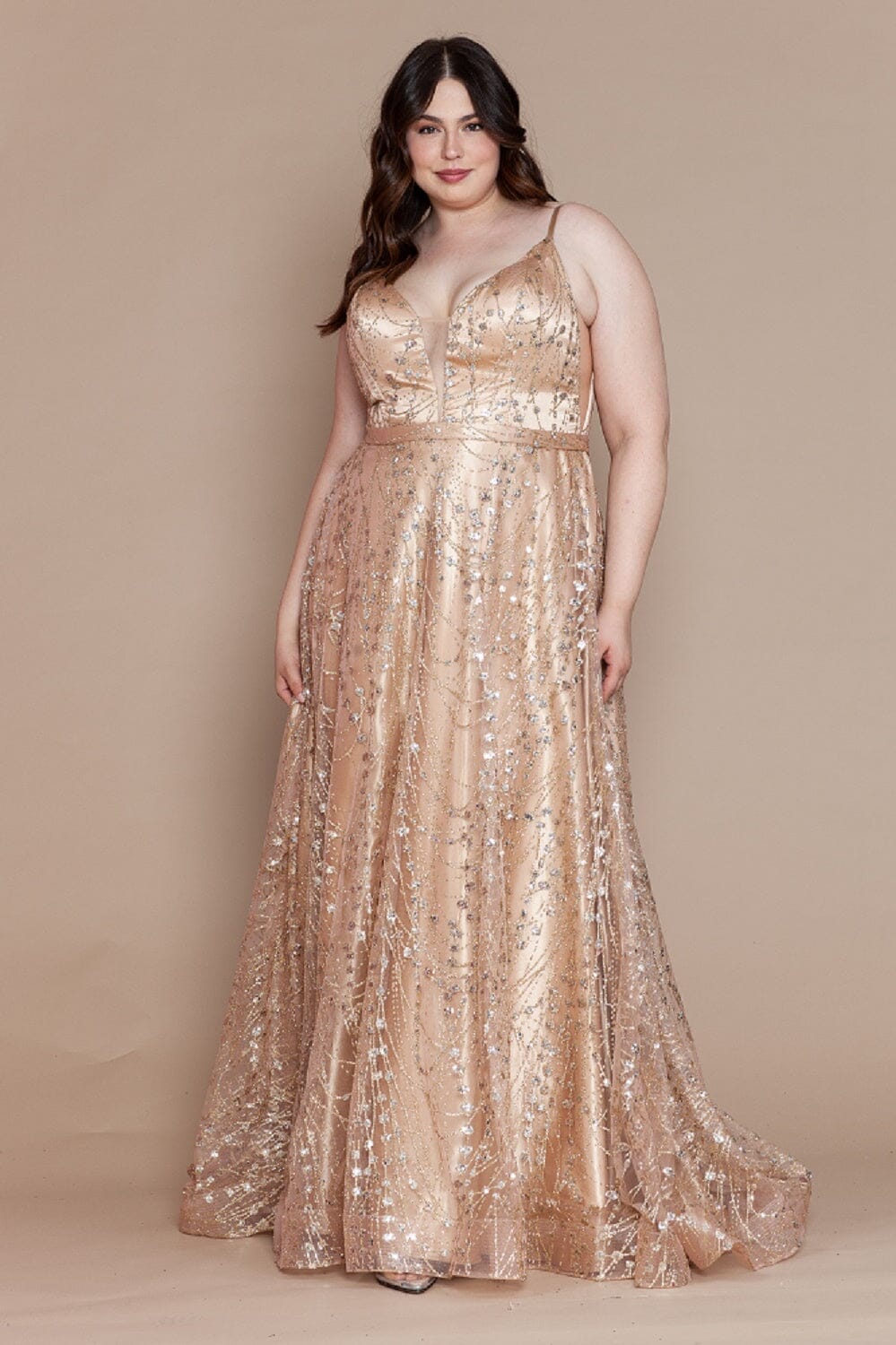 Poly USA W1004 Plus Size Long Glitter Mesh Dress