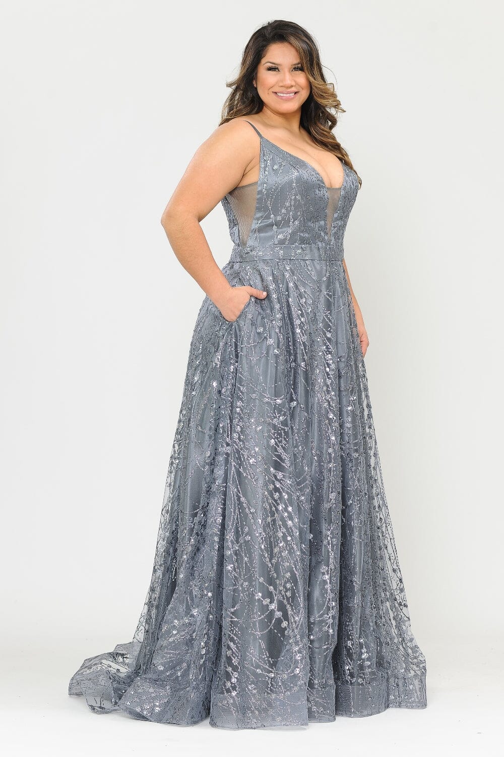 Poly USA W1004 Plus Size Long Glitter Mesh Dress