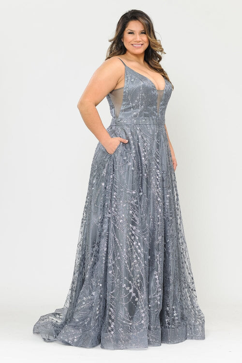 Poly USA W1004 Plus Size Long Glitter Mesh Dress