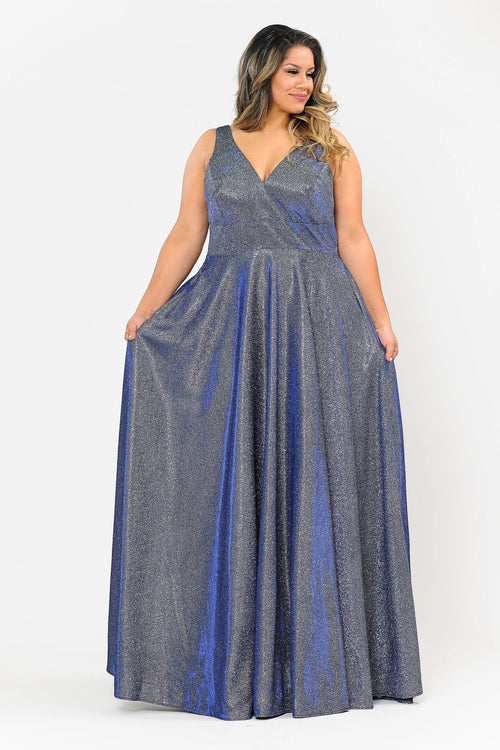 Poly USA W1036 Plus Size Long Metallic Glitter V-Neck Dress