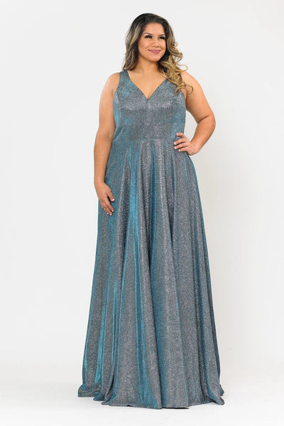 Poly USA W1036 Plus Size Long Metallic Glitter V-Neck Dress