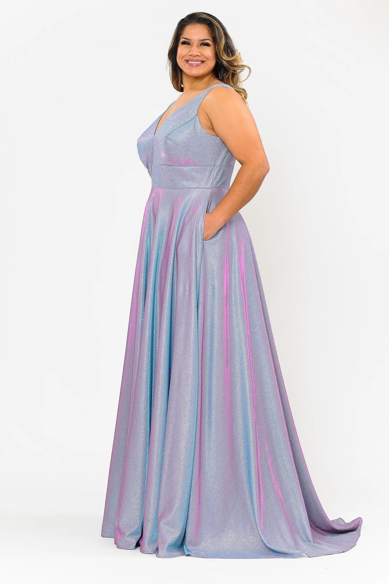 Poly USA W1036 Plus Size Long Metallic Glitter V-Neck Dress