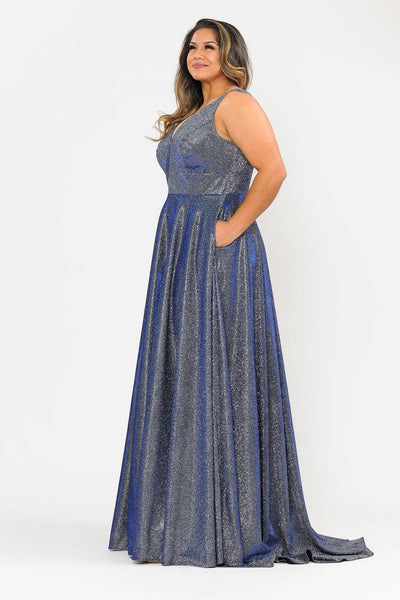Poly USA W1036 Plus Size Long Metallic Glitter V-Neck Dress