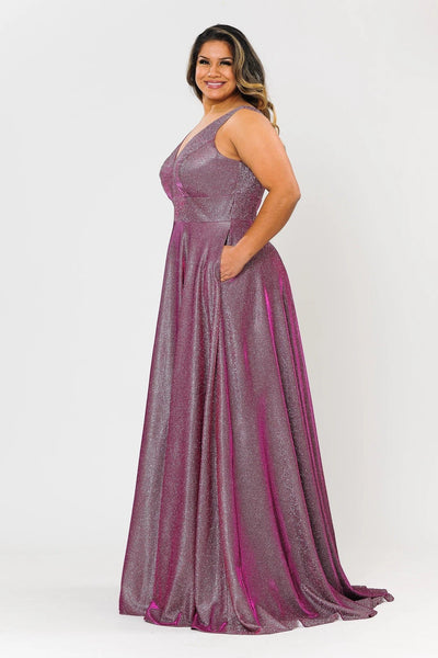 Poly USA W1036 Plus Size Long Metallic Glitter V-Neck Dress