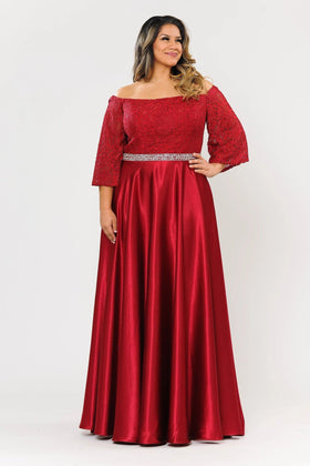 Poly USA W1008 Plus Size Long Off Shoulder Dress with Sleeves