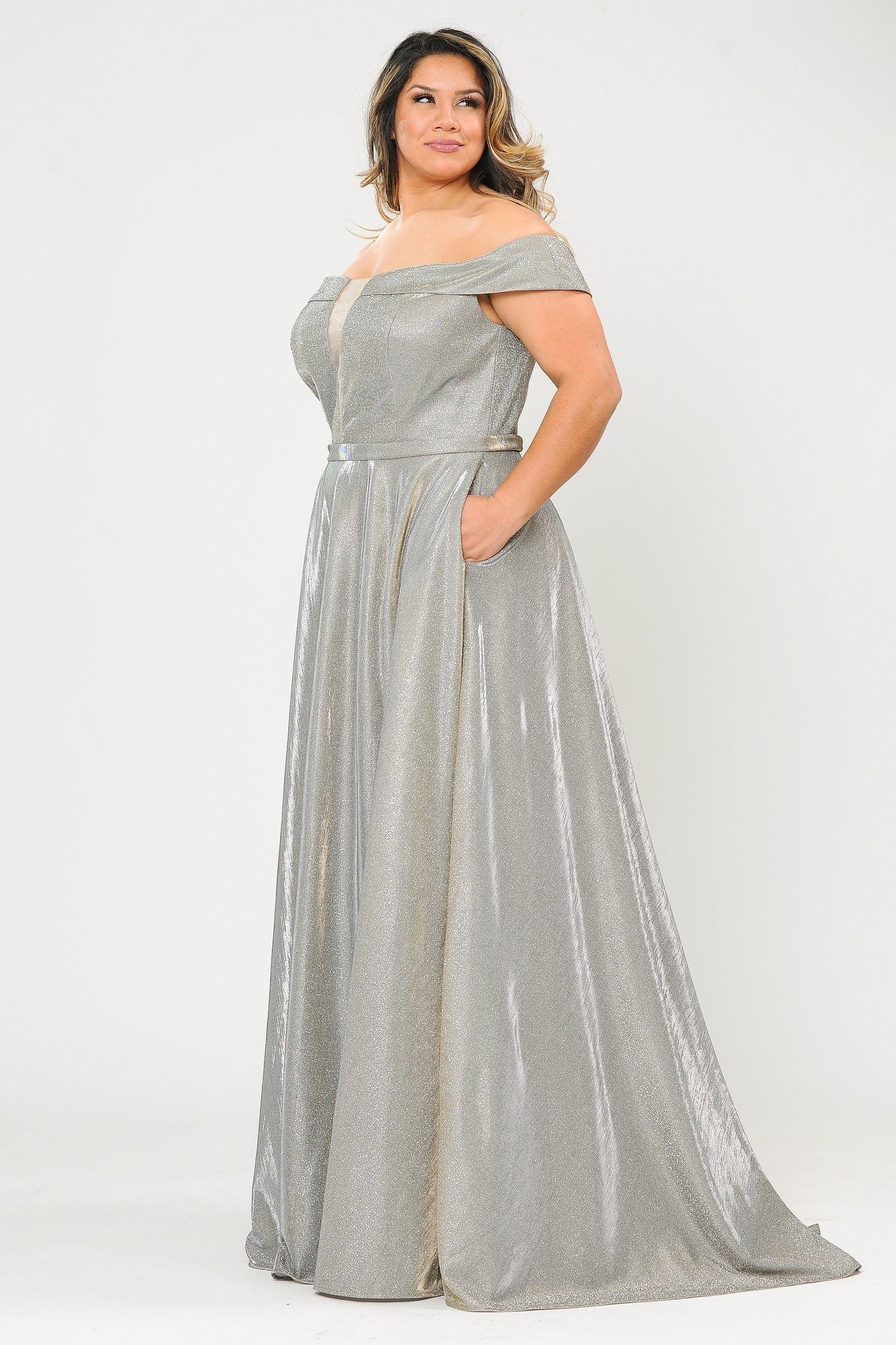 Plus Size Long Off Shoulder Glitter Dress by Poly USA W1060-Long Formal Dresses-ABC Fashion