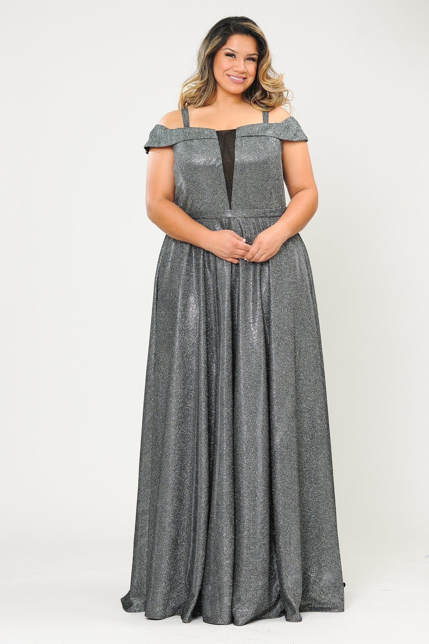 Plus Size Long Off Shoulder Glitter Dress by Poly USA W1060-Long Formal Dresses-ABC Fashion