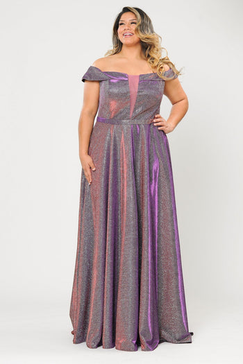 Plus Size Long Off Shoulder Glitter Dress by Poly USA W1060-Long Formal Dresses-ABC Fashion