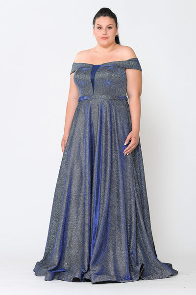 Plus Size Long Off Shoulder Glitter Dress by Poly USA W1060-Long Formal Dresses-ABC Fashion