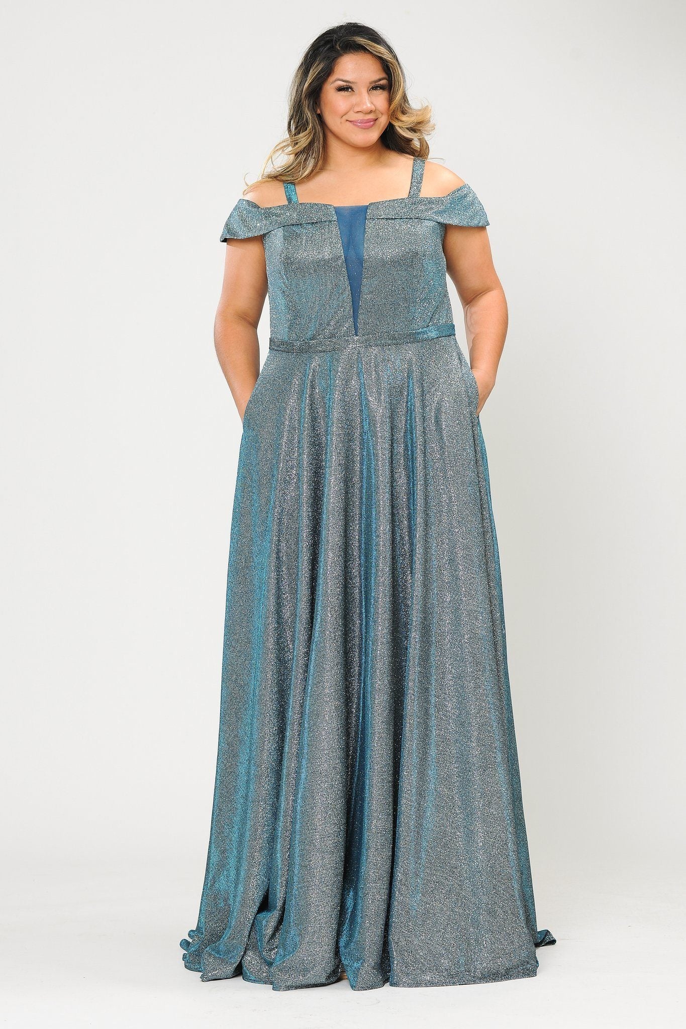 Plus Size Long Off Shoulder Glitter Dress by Poly USA W1060-Long Formal Dresses-ABC Fashion
