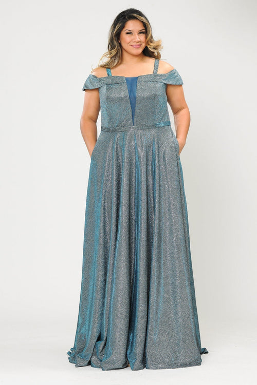 Plus Size Long Off Shoulder Glitter Dress by Poly USA W1060-Long Formal Dresses-ABC Fashion