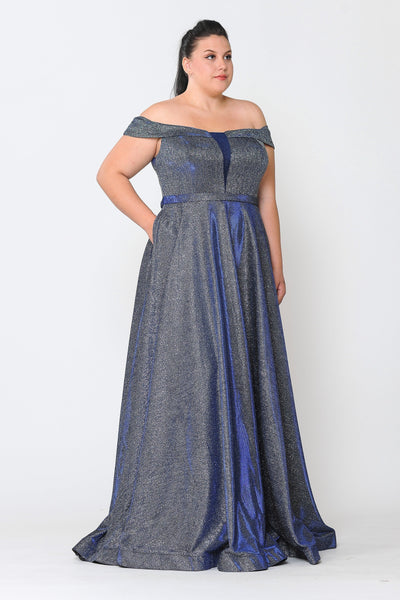 Plus Size Long Off Shoulder Glitter Dress by Poly USA W1060-Long Formal Dresses-ABC Fashion