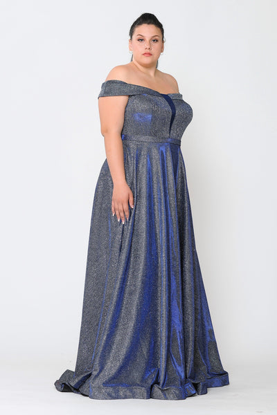Plus Size Long Off Shoulder Glitter Dress by Poly USA W1060-Long Formal Dresses-ABC Fashion