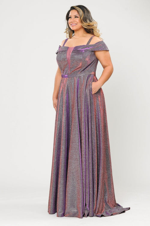 Plus Size Long Off Shoulder Glitter Dress by Poly USA W1060-Long Formal Dresses-ABC Fashion