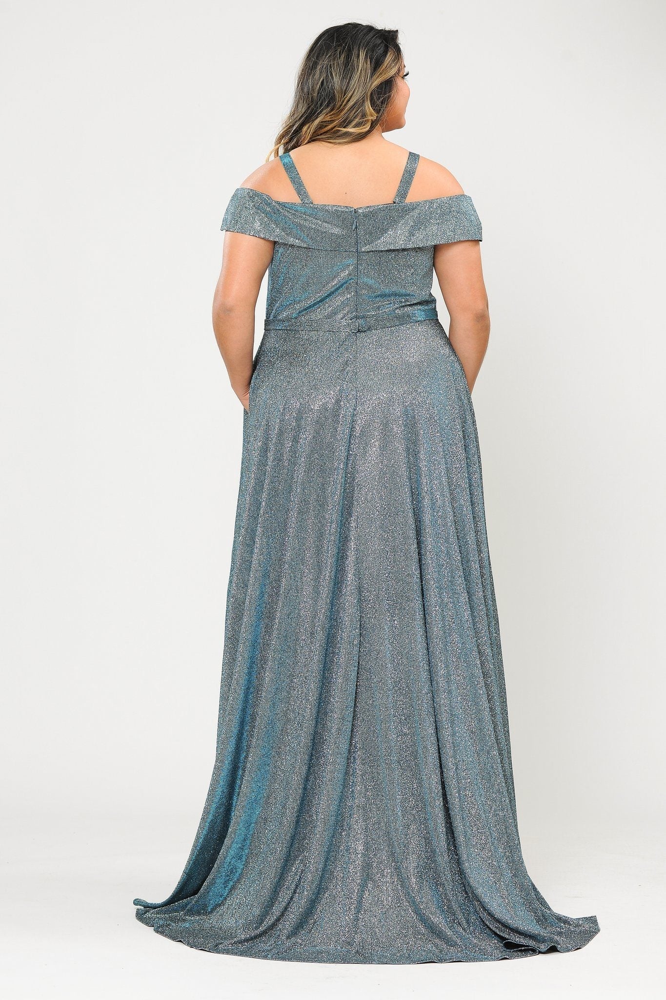 Plus Size Long Off Shoulder Glitter Dress by Poly USA W1060-Long Formal Dresses-ABC Fashion