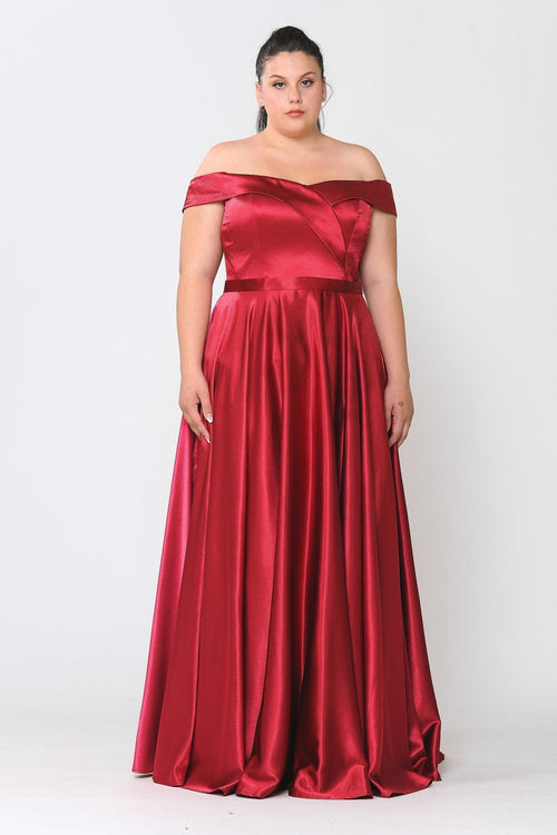 Poly USA W1058 Plus Size Long Off Shoulder Satin Dress