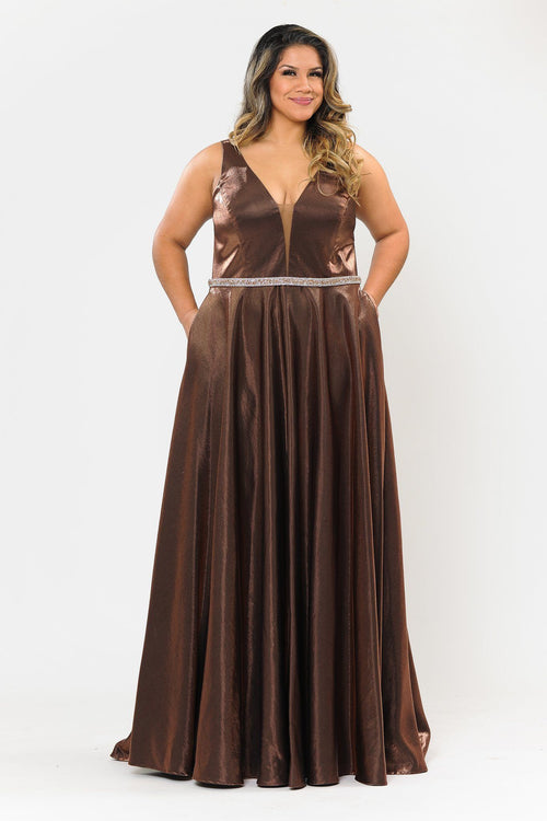 Poly USA W1062 Plus Size Long Satin Deep V-Neck Dress