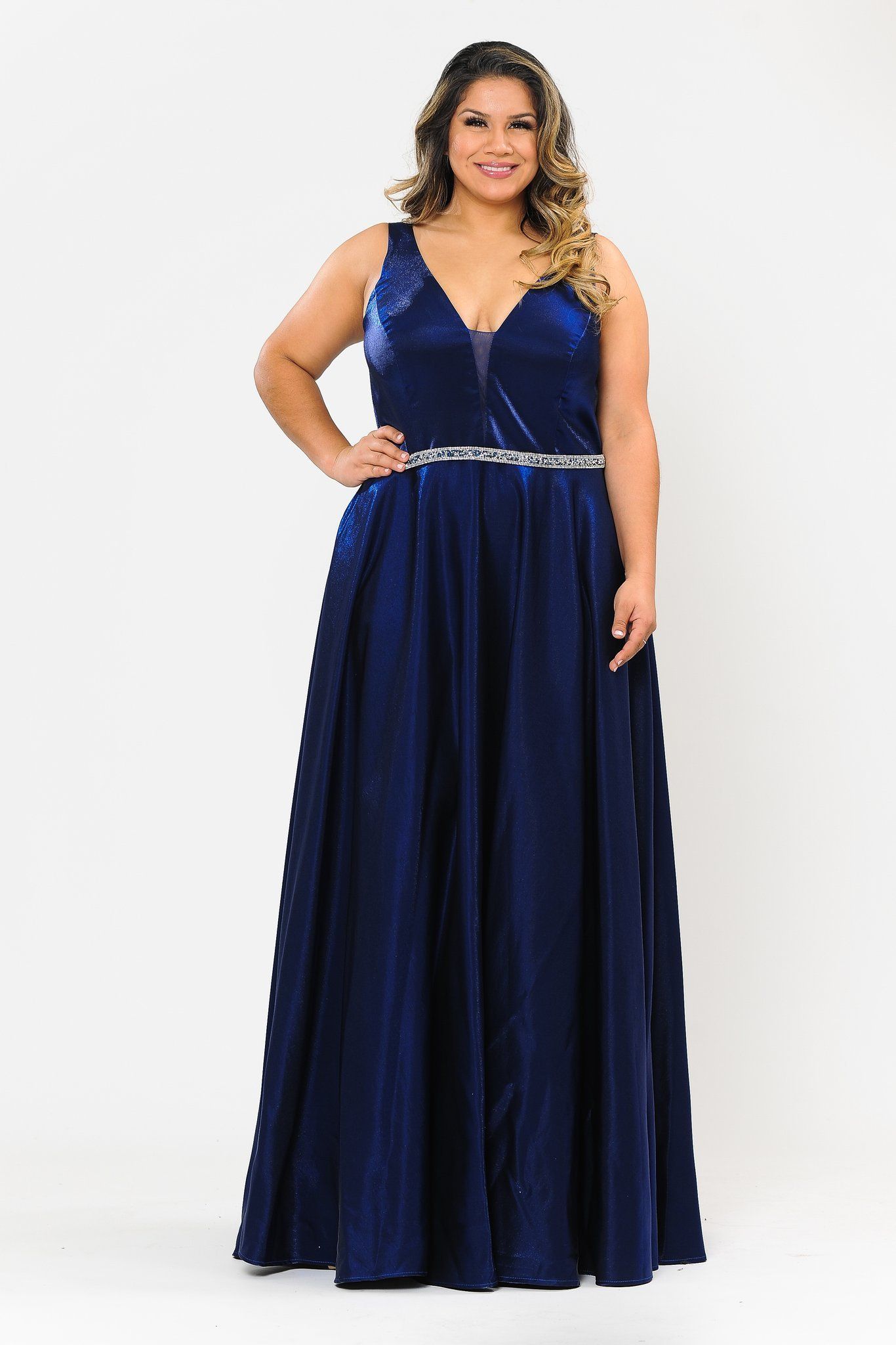 Vestido largo de satén con escote en V profundo, talla grande, de Poly USA W1062