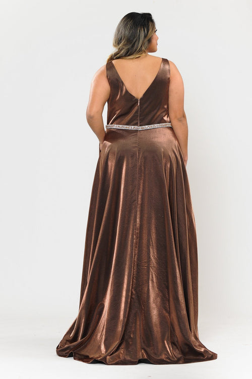 Poly USA W1062 Plus Size Long Satin Deep V-Neck Dress