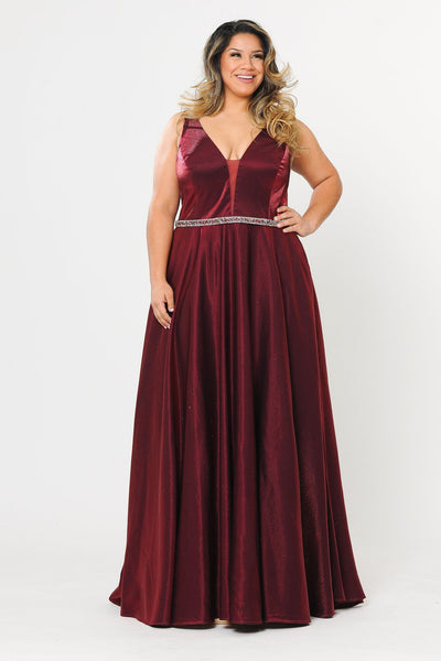 Poly USA W1062 Plus Size Long Satin Deep V-Neck Dress