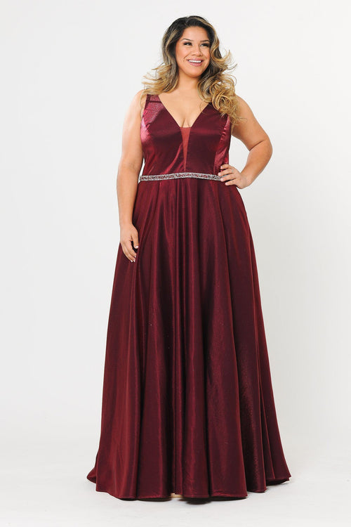 Poly USA W1062 Plus Size Long Satin Deep V-Neck Dress