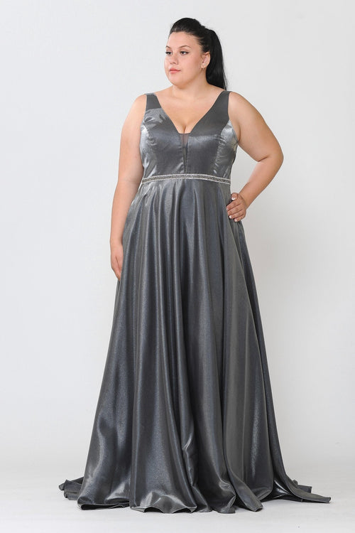 Poly USA W1062 Plus Size Long Satin Deep V-Neck Dress