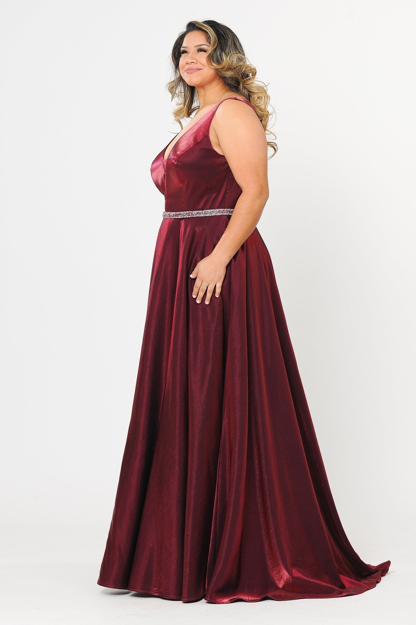 Vestido largo de satén con escote en V profundo, talla grande, de Poly USA W1062