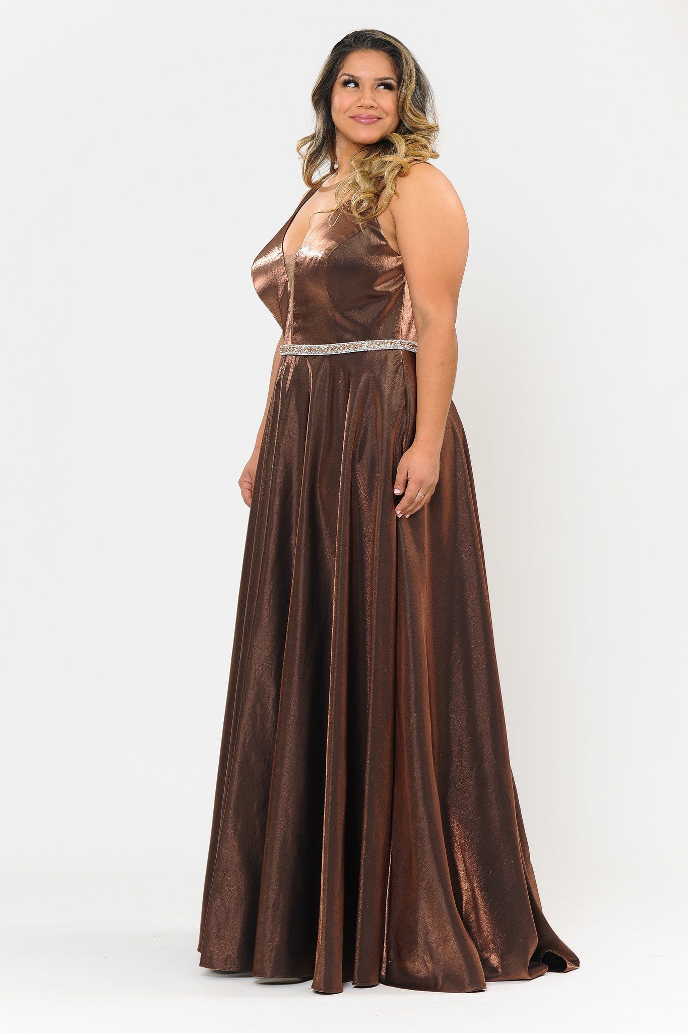 Vestido largo de satén con escote en V profundo, talla grande, de Poly USA W1062