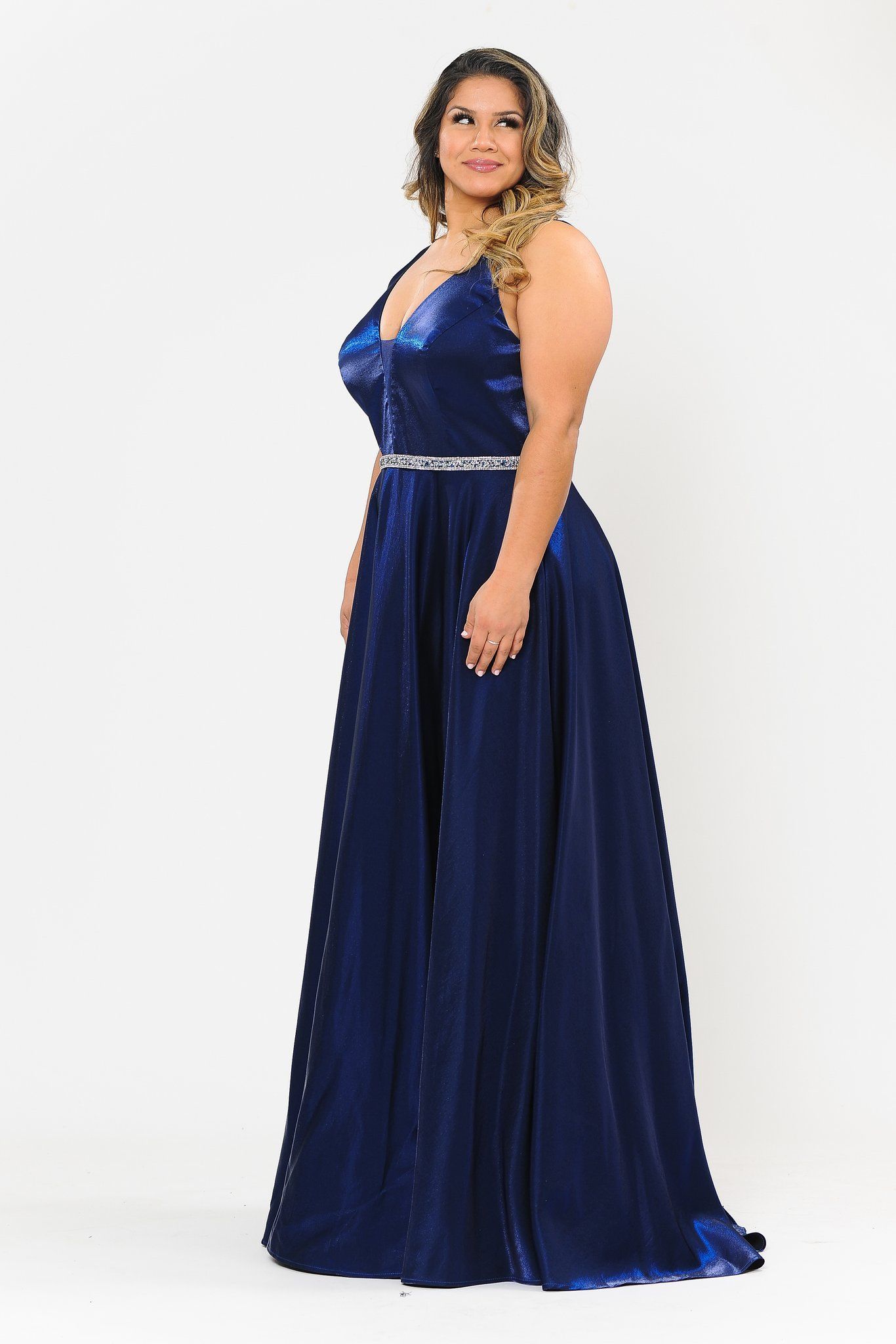 Vestido largo de satén con escote en V profundo, talla grande, de Poly USA W1062