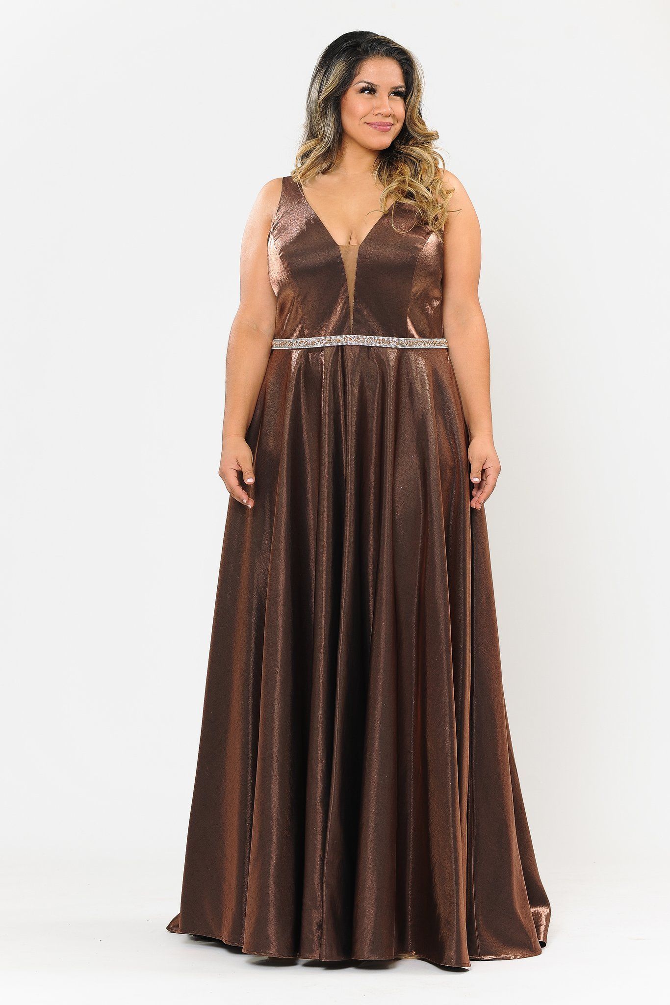 Vestido largo de satén con escote en V profundo, talla grande, de Poly USA W1062