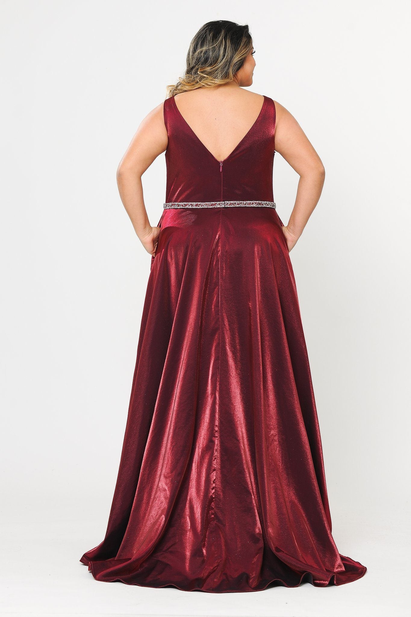 Vestido largo de satén con escote en V profundo, talla grande, de Poly USA W1062