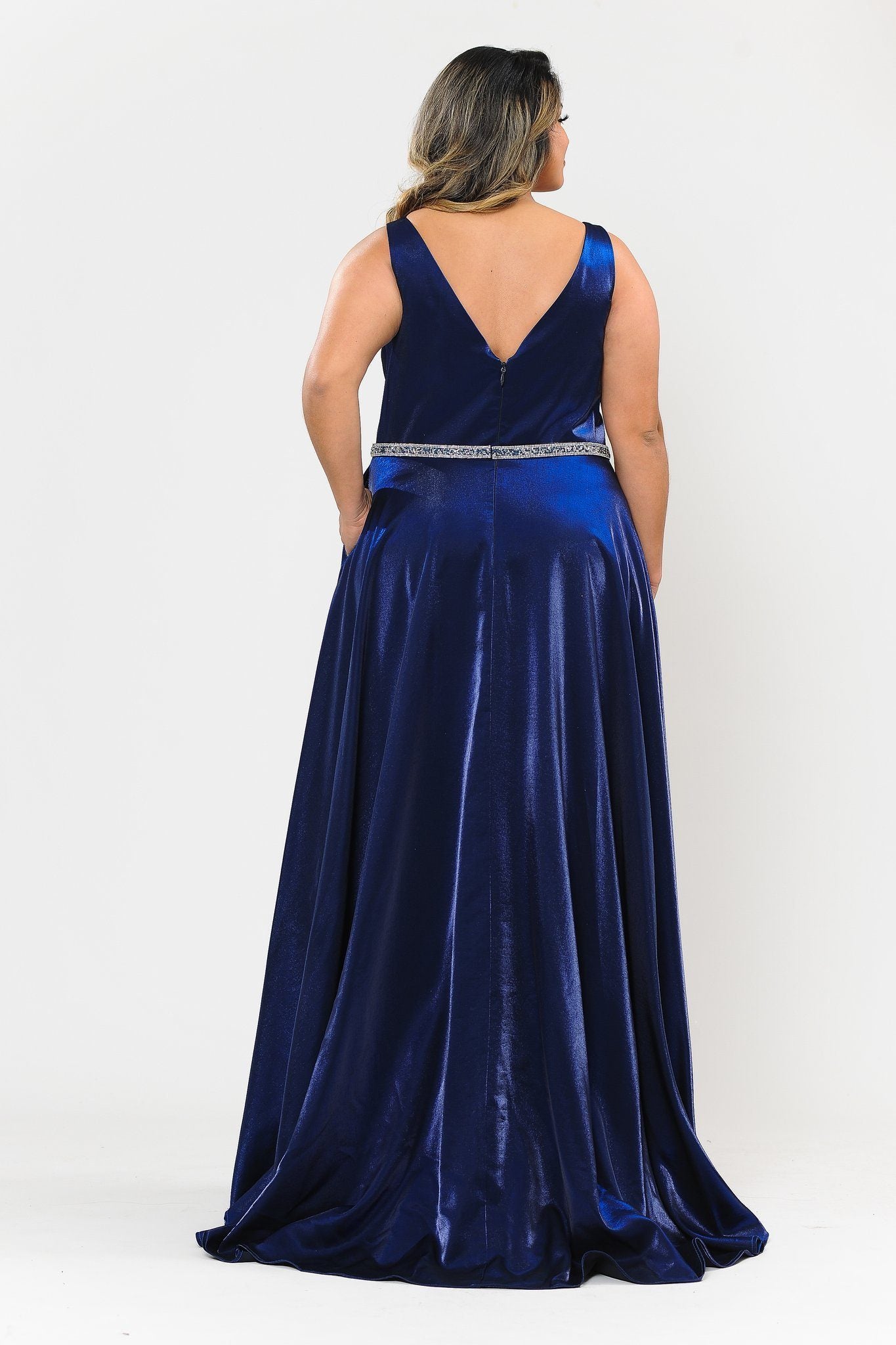 Vestido largo de satén con escote en V profundo, talla grande, de Poly USA W1062