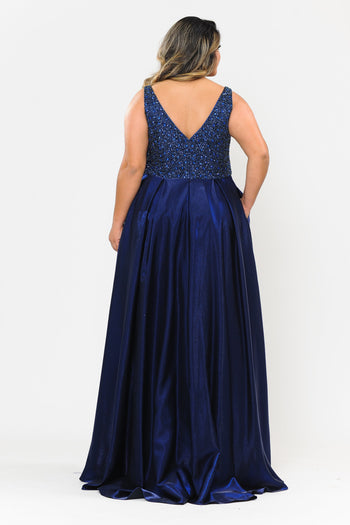 Vestido largo de satén con corpiño de cuentas, talla grande, de Poly USA W1066