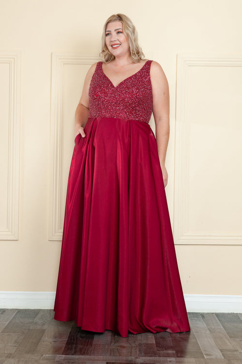 Poly USA W1066 Plus Size Long Satin Dress with Beaded Bodice