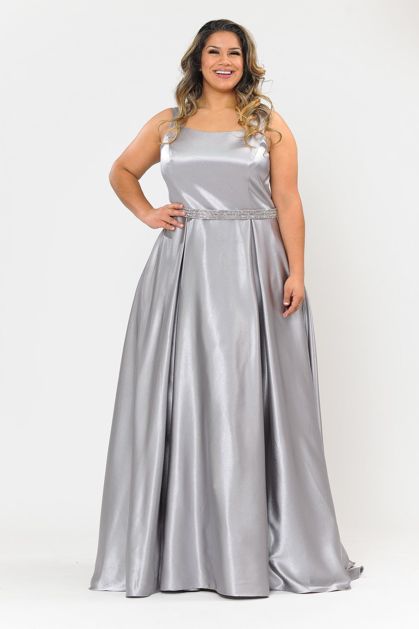 Plus Size Long Satin Dress with Beaded Waist by Poly USA W1010-Long Formal Dresses-ABC Fashion