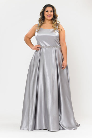 Plus Size Long Satin Dress with Beaded Waist by Poly USA W1010-Long Formal Dresses-ABC Fashion