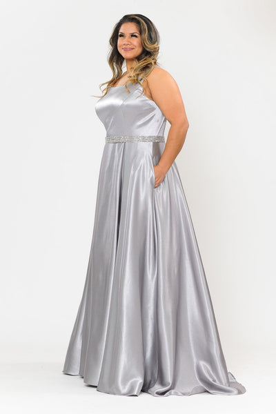 Plus Size Long Satin Dress with Beaded Waist by Poly USA W1010-Long Formal Dresses-ABC Fashion