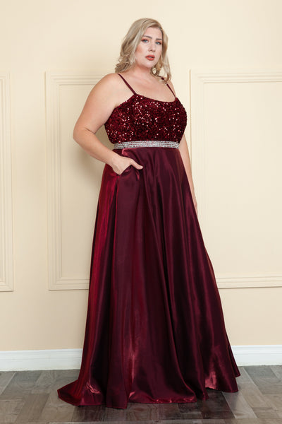 Vestido largo de satén con corpiño de lentejuelas, talla grande, de Poly USA W1018