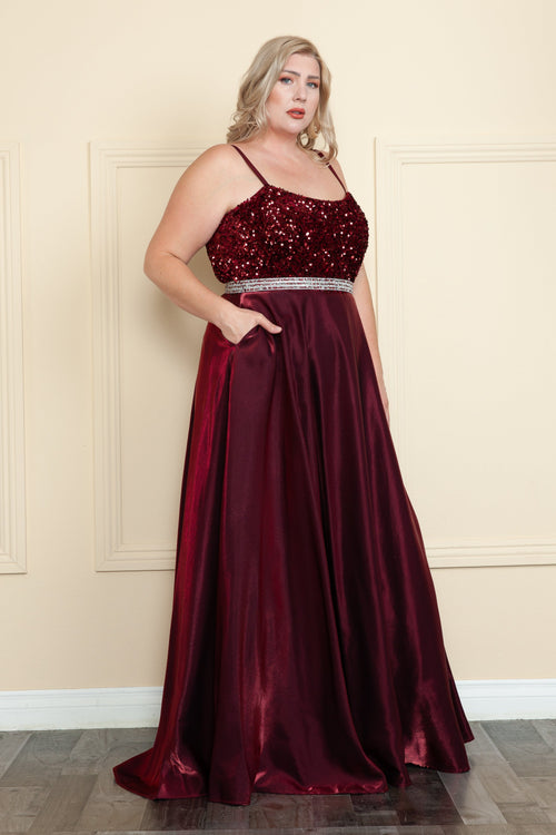 Poly USA W1018 Plus Size Long Satin Dress with Sequin Bodice