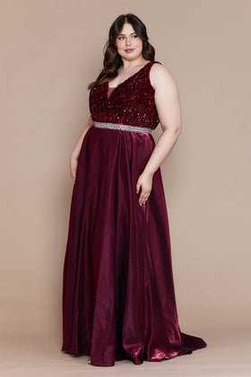 Poly USA W1006 Plus Size Long Sequin Bodice Satin Dress