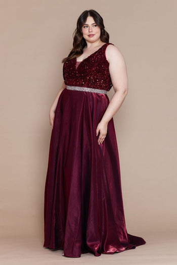 Poly USA W1006 Plus Size Long Sequin Bodice Satin Dress