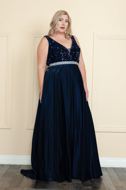 Poly USA W1006 Plus Size Long Sequin Bodice Satin Dress